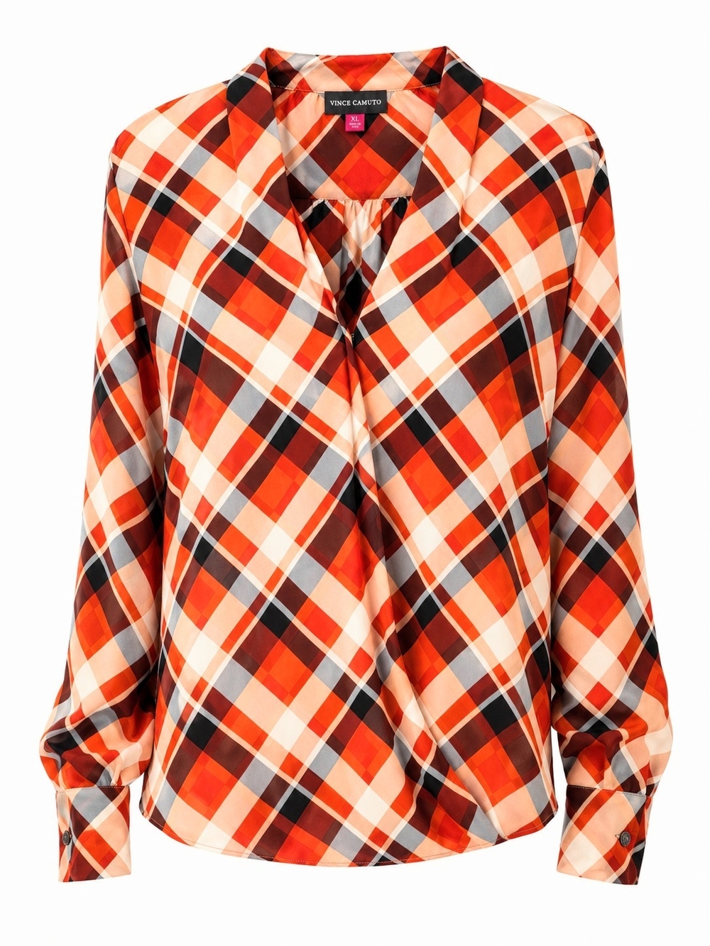 Vince Camuto XL Plaid Crossover Blouse Orange Red White Long Sleeve Draped Snap